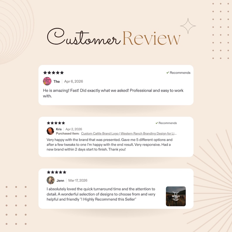 May include: A customer review graphic with the words "Customer Review" in a script font. Three customer reviews are displayed, each with a five-star rating and a recommendation checkmark. The reviews are from different customers.