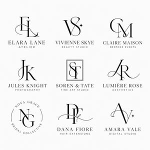 Może przedstawiać: Kolekcja dziewięciu czarno-białych projektów logo z elegancką typografią szeryfową i stylizowanymi monogramami. Logo zawierają nazwy takie jak Elara Lane, Vivienne Skye, Claire Maison, Jules Knight, Soren & Tate, Lumière Rose, Nova Grace, Dana Fiore oraz Amara Vale.