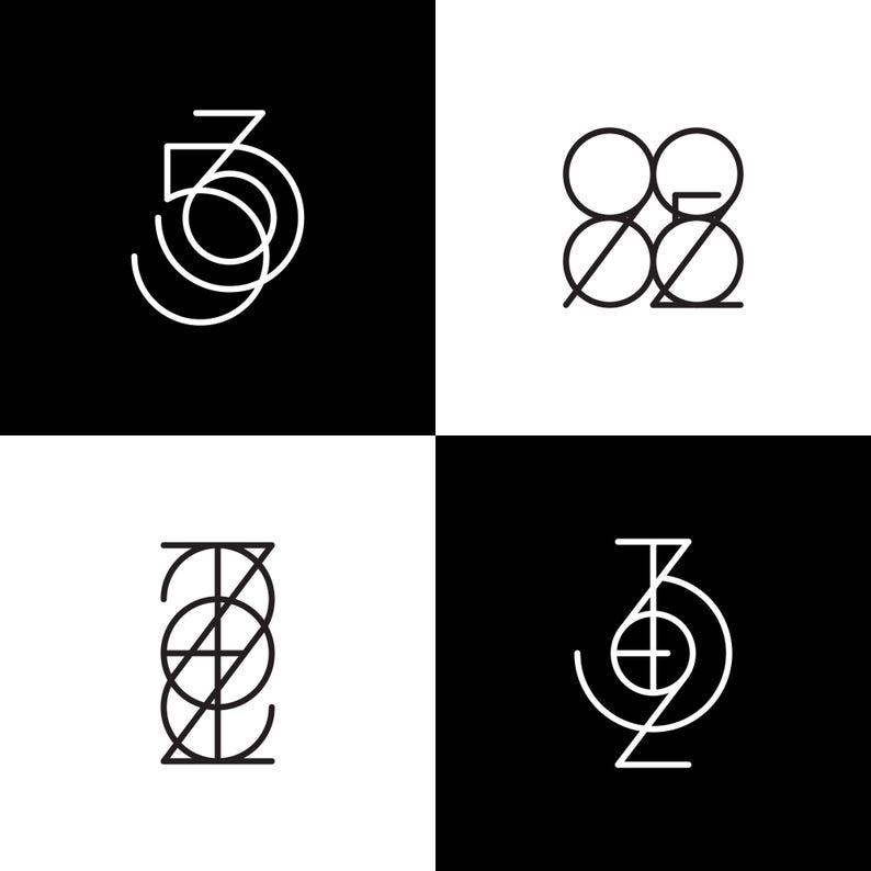 Peut inclure: Quatre designs graphiques en noir et blanc du chiffre 3, chacun avec un motif g&eacute;om&eacute;trique diff&eacute;rent.
