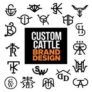 May include: A collection of black and white cattle brand designs. The central image features the text "CUSTOM CATTLE BRAND DESIGN" in white and orange. Various brand symbols surround the text, showcasing different styles and shapes.