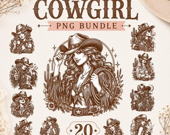 Vintage Cowgirl PNG Bundle, Western Cowgirl Clipart Set