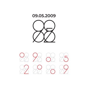 Peut inclure: Un design graphique noir et blanc du nombre 09.05.2009. Le nombre est compos&eacute; de deux cercles avec une ligne qui les traverse. Les cercles se chevauchent. Sous le nombre se trouvent neuf cercles plus petits, chacun avec un nombre &agrave; l'int&eacute;rieur. Les nombres sont 0, 9, 0, 5, 2, 0, 0, 0 et 9. Les nombres 0, 9, 5, 2 et 9 sont en rouge.