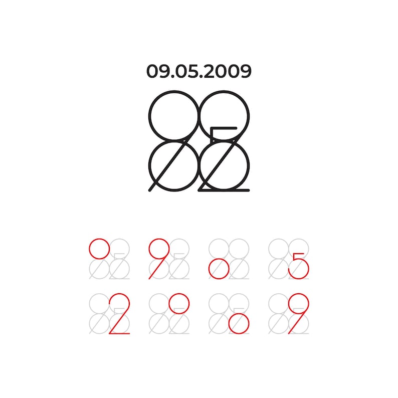 Peut inclure: Un design graphique noir et blanc du nombre 09.05.2009. Le nombre est compos&eacute; de deux cercles avec une ligne qui les traverse. Les cercles se chevauchent. Sous le nombre se trouvent neuf cercles plus petits, chacun avec un nombre &agrave; l'int&eacute;rieur. Les nombres sont 0, 9, 0, 5, 2, 0, 0, 0 et 9. Les nombres 0, 9, 5, 2 et 9 sont en rouge.