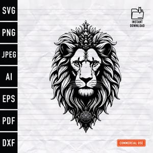 Lion Head SVG, Lion Tattoo Design, Lion Face SVG, Lion Clipart, Lion Silhouette, Wild Animal SVG