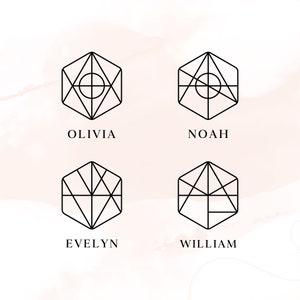 May include: Four geometric hexagon designs with a circle in the center. The names Olivia, Noah, Evelyn, and William are written below each design.