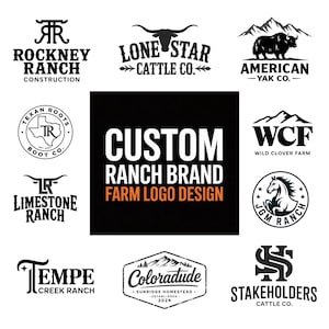 May include: A collection of ranch and farm logos in black and white. Logos include text such as "Rockney Ranch," "Lone Star Cattle Co.," and "Custom Ranch Brand Farm Logo Design."