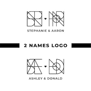 Może przedstawiać: Szablon projektu logo z dwoma nazwami, z symbolem serca między dwoma geometrycznymi wzorami. Pierwszy wzór to kwadrat z liniami tworzącymi litery „S” i „R”. Drugi wzór to koło z liniami tworzącymi litery „A” i „R”. Tekst „STEPHANIE & AARON” znajduje się pod wzorami. Drugi projekt logo zawiera litery „A” i „S” w pierwszym wzorze oraz litery „D” i „O” w drugim wzorze. Tekst „ASHLEY & DONALD” znajduje się pod wzorami.