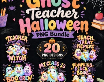 Ghost Teacher Halloween PNG Bundle, Pastel Teacher Sublimation Designs