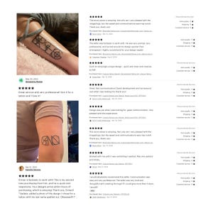 Puede incluir: Dos im&aacute;genes de dise&ntilde;os de tatuajes personalizados. La primera imagen muestra un dise&ntilde;o geom&eacute;trico en blanco y negro en el brazo de una persona. La segunda imagen muestra un dise&ntilde;o de arte de l&iacute;nea en blanco y negro de las letras "AND" en el brazo de una persona. Ambas im&aacute;genes incluyen comentarios positivos de los clientes.