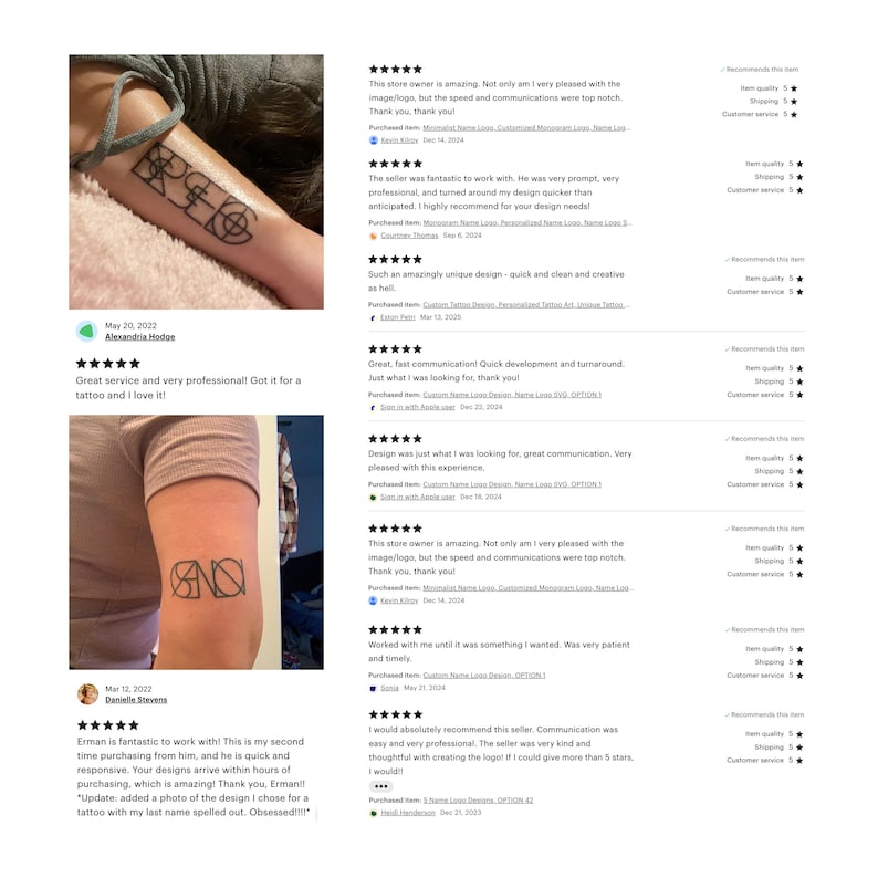 Puede incluir: Dos im&aacute;genes de dise&ntilde;os de tatuajes personalizados. La primera imagen muestra un dise&ntilde;o geom&eacute;trico en blanco y negro en el brazo de una persona. La segunda imagen muestra un dise&ntilde;o de arte de l&iacute;nea en blanco y negro de las letras "AND" en el brazo de una persona. Ambas im&aacute;genes incluyen comentarios positivos de los clientes.