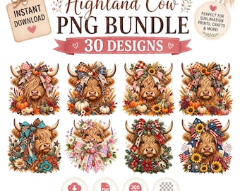 Highland Cow PNG Bundle, Floral Cow Designs for Sublimation