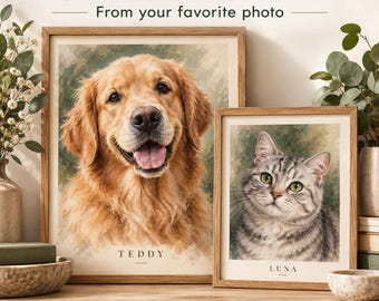 May include: Two framed custom pet portraits in light wood frames. The larger portrait features a golden retriever with the name TEDDY printed below. The smaller portrait shows a grey tabby cat with the name LUNA printed below. Text reads Custom Pet Portrait From your favorite photo and DIGITAL FILE NO PHYSICAL ITEM.