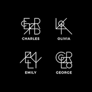Könnte beinhalten: Vier geometrische Logo-Designs in Schwarzweiß mit den Namen Charles, Olivia, Emily und George unter jedem Design.