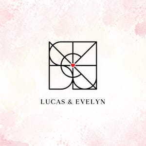 Könnte beinhalten: Ein geometrisches Design in Schwarzweiß mit einem roten Herzen in der Mitte. Der Text "LUCAS & EVELYN" befindet sich unter dem Design.