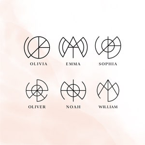 Könnte beinhalten: Sechs geometrische Logo-Designs in Schwarzweiß mit den Namen Olivia, Emma, Sophia, Oliver, Noah und William unter jedem Design.