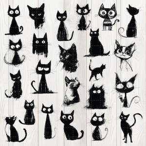 Puede incluir: Una colección de 25 ilustraciones en blanco y negro de gatos en varias poses. Los gatos están dibujados en un estilo simple y de dibujos animados.