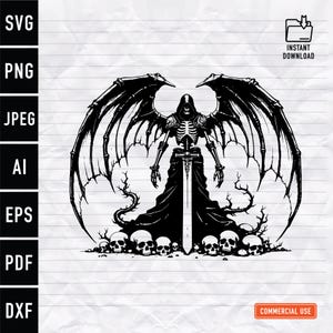 Death Angel SVG, Grim Reaper Digital Art, Skeleton Wing Design, Dark Fantasy Clipart, Skull Illustration, Instant Download