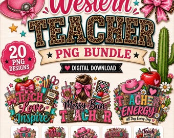 Western Teacher PNG Bundle, Cowgirl Leopard Sublimation Designs (Digital Download)