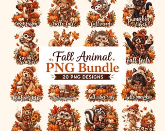 Fall Animal PNG Bundle, Cozy Autumn Animals Clipart