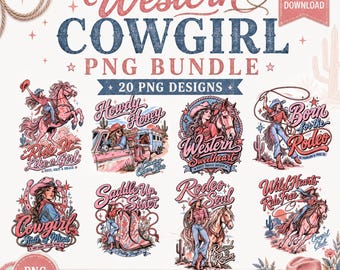 May include: A digital PNG bundle featuring 20 Western-themed designs with cowgirls, horses, cowboy boots, and desert elements. The graphics include text such as Western Cowgirl, Ride It Like a Girl, Howdy Honey, Western Sweetheart, and Born for the Rodeo.