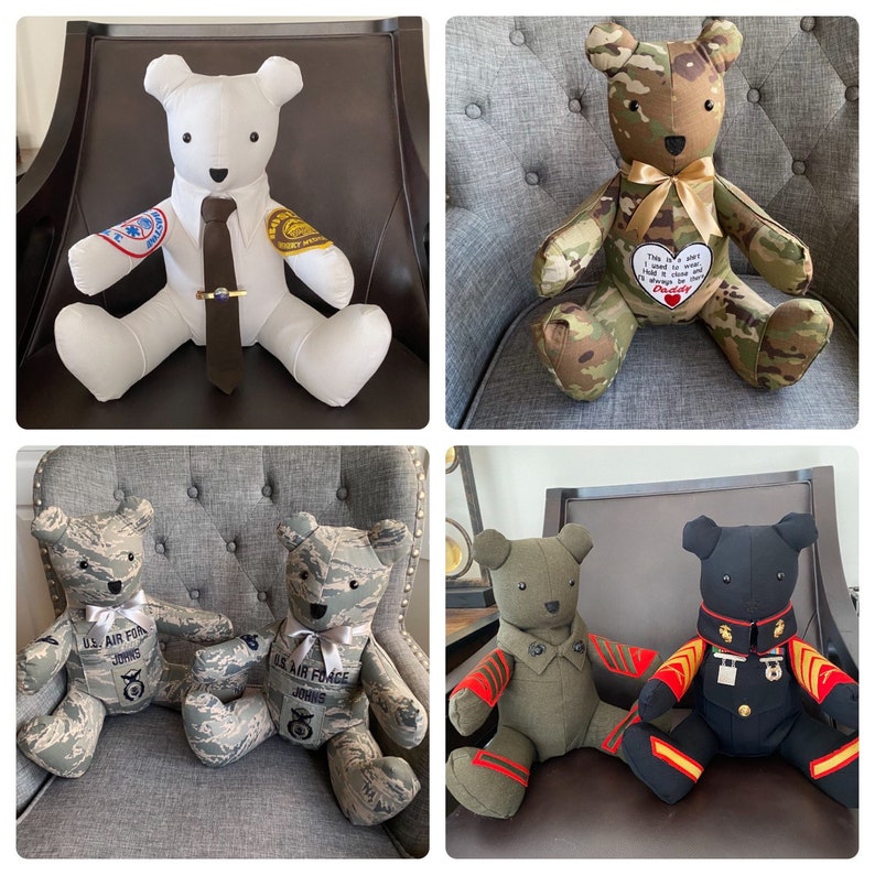 May include: Four teddy bears dressed in military uniforms. The bears are sitting on chairs. One bear is wearing a white uniform with a tie and a badge that says "U.S. Air Force." Another bear is wearing a camouflage uniform with a badge that says "U.S. Air Force." A third bear is wearing a camouflage uniform with a badge that says "This is what I had it chose to be my Daddy's girl." The fourth bear is wearing a black uniform with a badge that says "U.S. Marine Corps."