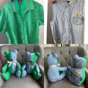 May include: Two patchwork teddy bears made from denim and green fabric. The bears are sitting on a grey couch. One bear has a pink ribbon around its neck and the other has a black and white checked ribbon.
