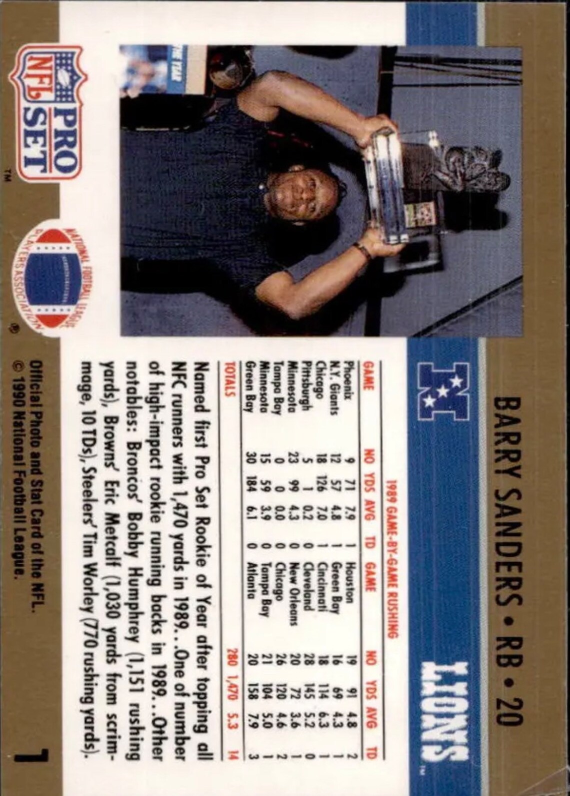 Barry Sanders 1990 Veteran Card Rookie of the Year NFL Pro Set Detroit