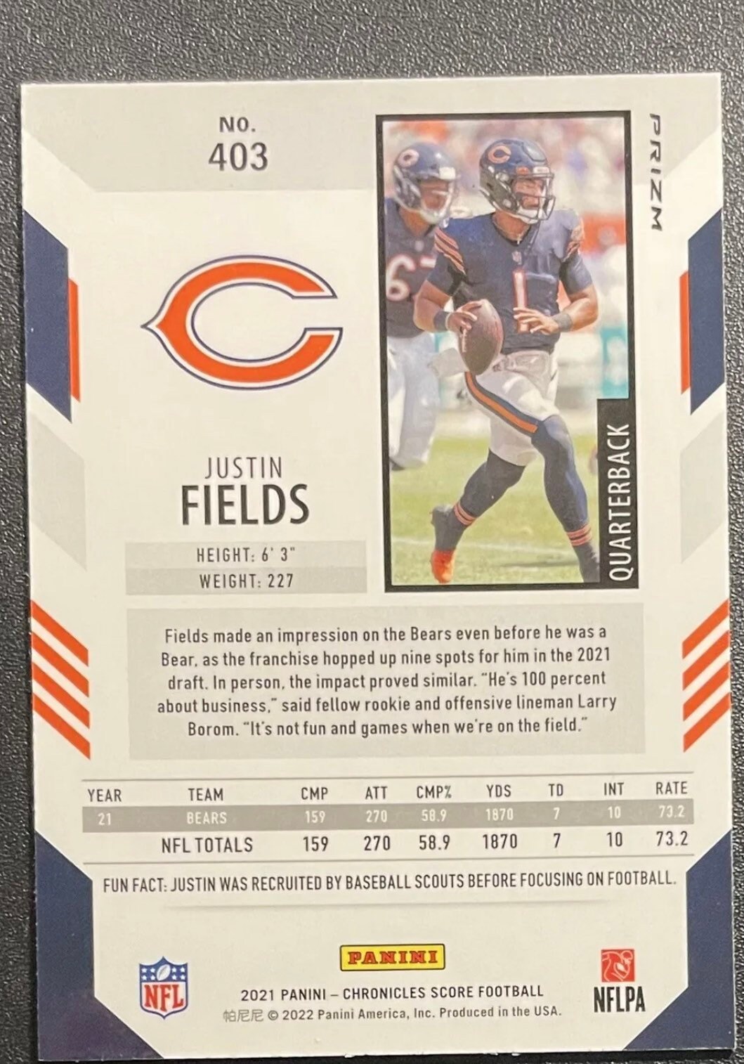thumbnail image 2 of 2021 Panini Score Throwback #TB-2 Justin Fields Rookie Card JC7 | Property Room 2 of 9