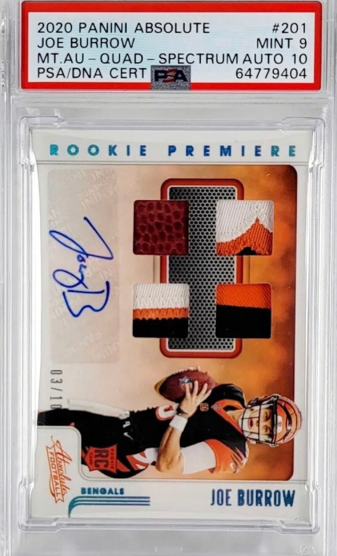 Joe Burrow Rookie Card 2020 NFL Panini True RPA Ultra Rare /10 Absolute Quad Materials PSA