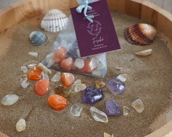 Könnte beinhalten: Eine kleine, durchsichtige Tüte gefüllt mit verschiedenen farbigen Kristallen, darunter Amethyst, Karneol und Citrin. Die Tüte liegt auf einem Holztablett mit Sand und Muscheln. Ein Etikett mit dem Sternzeichen Fische und dem Text "Amethyst, Karneol & Citrin" ist an der Tüte befestigt.