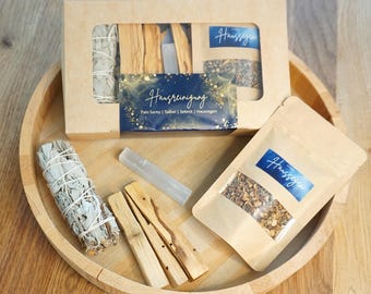 Räucherset Hausreinigung mit Salbei, Palo Santo, Selenit , Räuchermischung und Anleitung