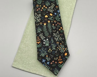Handmade Floral Men's Necktie - Wispy Wildflowers on Black