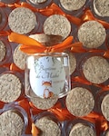 Empty pot for guest gift dragees 50g (10-12 dragees) with ribbon and personalized label product logo