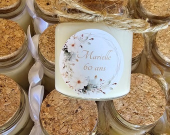 50g event candles with cork stopper, personalized label and small decorative string or ribbon