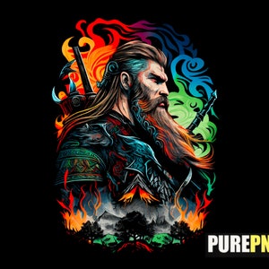 May include: A digital illustration of a bearded warrior with a sword, surrounded by flames and smoke in a rainbow of colors.