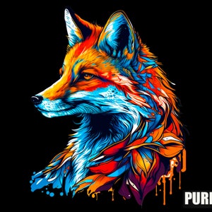 May include: A vibrant digital illustration of a fox's head and upper body, rendered in a striking combination of orange, blue, and yellow hues against a black background. The artwork features a stylized, artistic design with a dripping paint effect.