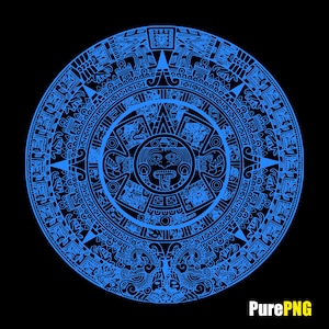 May include: A blue and white Aztec calendar, also known as the Sun Stone, with intricate designs and glyphs. The calendar is a circular design with a central face and concentric rings of symbols.