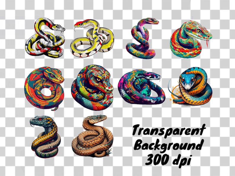 Snake Clipart PNG Set: 10 Transparent Background Designs (commercial ...