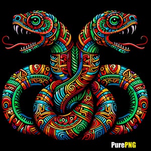 Puede incluir: Dos serpientes entrelazadas con intrincados patrones en tonos de rojo, verde, azul, amarillo y naranja sobre un fondo negro.