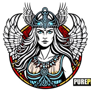 May include: A colorful illustration of a female figure with wings, wearing a helmet and armor. The figure has long white hair and blue eyes. The background is a circular frame with red, yellow, and blue accents.