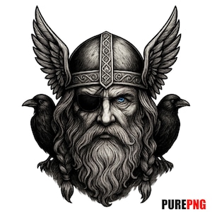 Könnte beinhalten: Eine Schwarzweißillustration eines Wikingerkriegers mit einem gehörnten Helm, einem Augenklapp und einem langen Bart. Zwei schwarze Raben sitzen auf seinen Schultern.