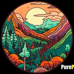 May include: A circular illustration of a mountain landscape with a sunset. The design features layers of mountains in shades of orange, purple, and green, with tall evergreen trees and a bright yellow sun. The image has a black background.