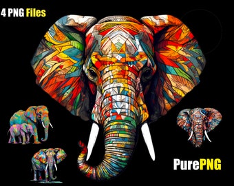 Clipart PNG éléphant coloré : motifs de fond transparent (lot de 4)