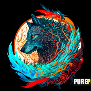 以下が含まれることがあります： オレンジ、赤、青の炎が渦巻く模様に囲まれた、枝と葉の細かいデザインが施された青いオオカミの頭部。