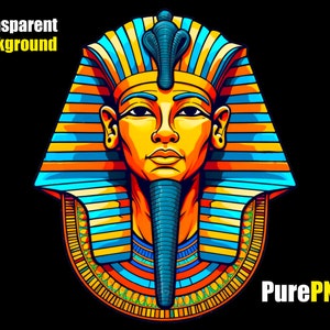 May include: A colorful illustration of an Egyptian pharaoh's head with a blue and orange striped headdress and a gold face.