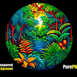 Puede incluir: Una ilustración colorida de una escena de jungla exuberante con un río que fluye por el centro. Los árboles y las plantas están dibujados en un estilo de dibujos animados con verdes, rojos, amarillos y azules vibrantes.