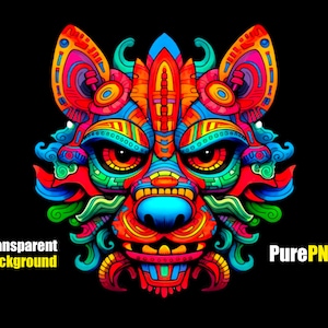 May include: A colorful, abstract illustration of a wolf's face with intricate patterns and designs. The wolf's face is a vibrant mix of red, orange, yellow, green, blue, and purple.
