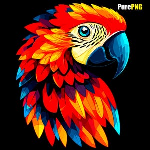 May include: A vibrant, stylized illustration of a parrot's head against a black background. The parrot features a red head, yellow and orange feathers, a blue beak, and a striking blue eye. The image is a digital artwork.
