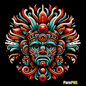 Puede incluir: Una máscara colorida e intrincada con patrones geométricos y una cara estilizada. La máscara es principalmente roja, naranja, azul y blanca, con un fondo negro.