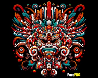 Deus Asteca Tlaloc PNG: Design de Padrão Colorido (Download Digital)